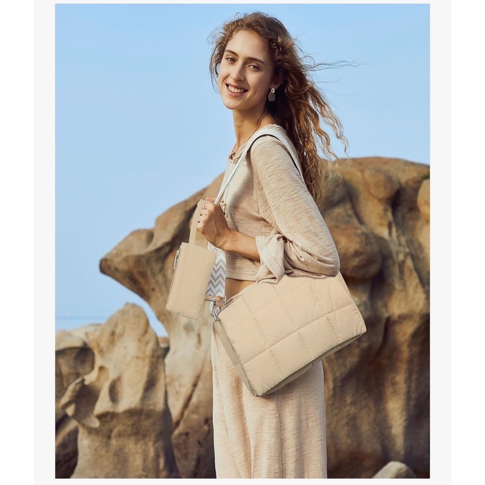 Tan Quilted Puffer Crossbody Bag with Geometric Guitar Strap Neutral Messenger‎